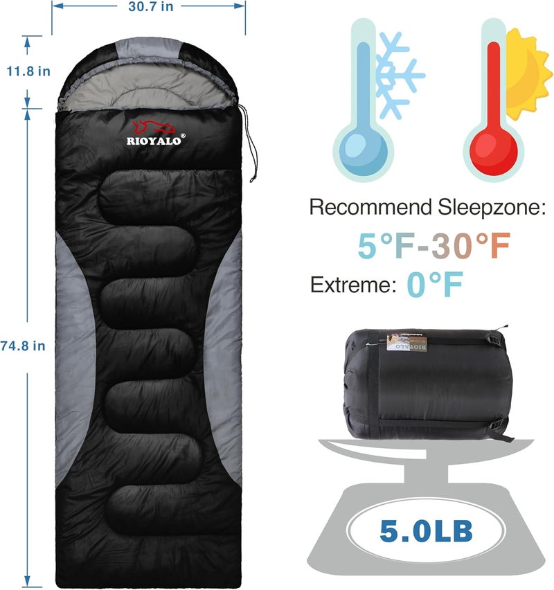 rioyalo 0 Degree Winter Sleeping Bags for Adults Camping (450GSM) - Temp Range (5F–32F) Portable Waterproof Compression Sack- Camping Sleeping Bags for Big and Tall in Env Hoodie: Backpacking Hiking 4 Season - Image 2